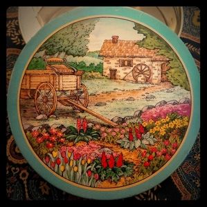 Vintage Countryside Blue Floral Olive Can Tin 6"